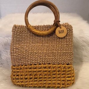 Nine West Straw Handbag with Wood Ring Handles/EUC